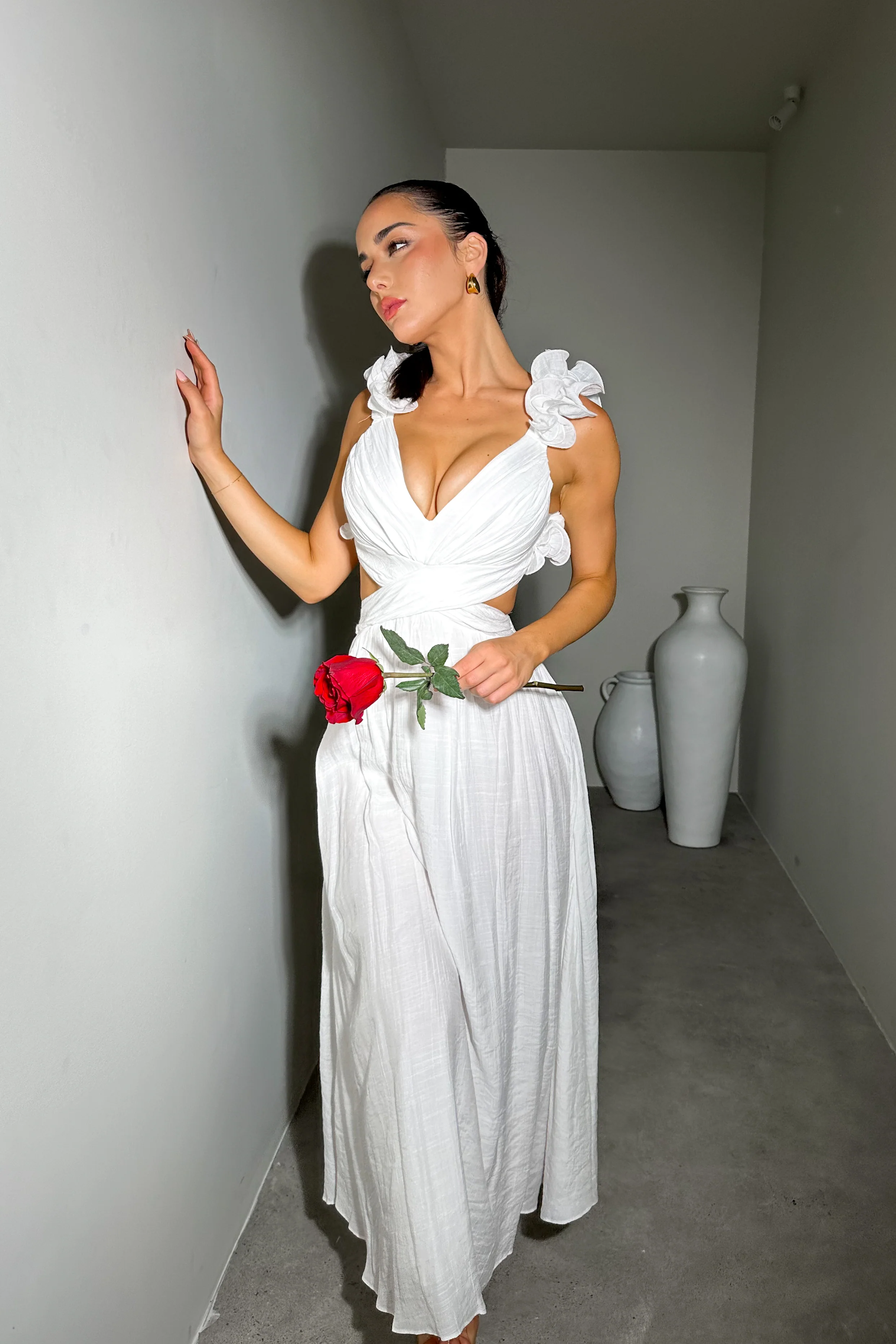 Elegant White Draped Maxi Dress